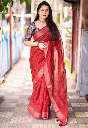 Embroidered Linen Saree in Red