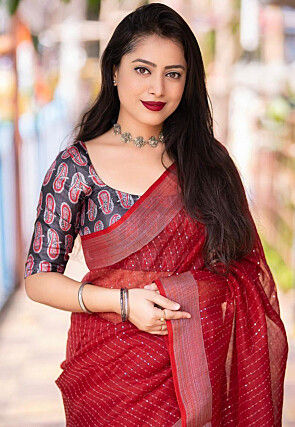 Embroidered Linen Saree in Red