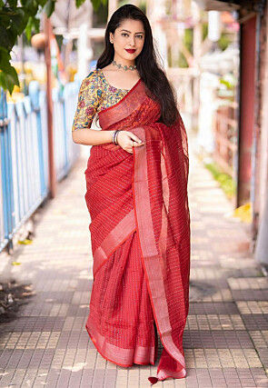 Embroidered Linen Saree in Red