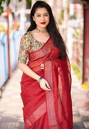 Embroidered Linen Saree in Red