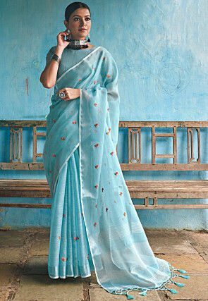 Embroidered Linen Saree in Sky Blue
