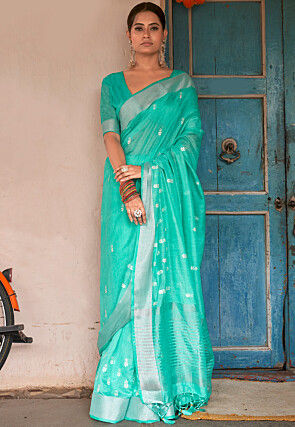 Embroidered Linen Saree in Teal Green