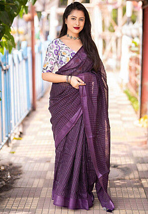 Embroidered Linen Saree in Violet