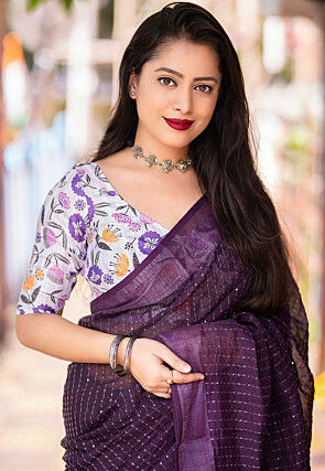Embroidered Linen Saree in Violet