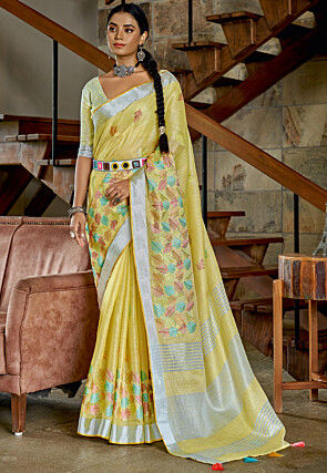 Embroidered Linen Saree in Yellow