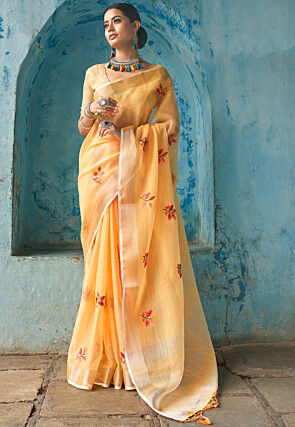Embroidered Linen Saree in Yellow