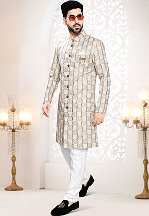 Embroidered Linen Sherwani in Beige