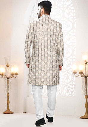 Embroidered Linen Sherwani in Beige