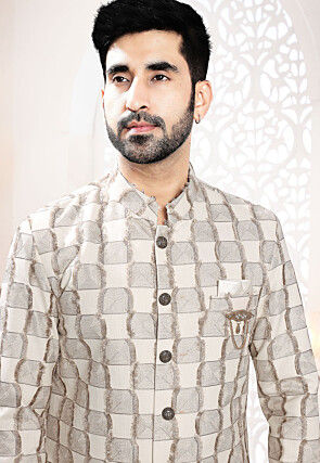 Embroidered Linen Sherwani in Beige