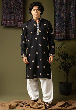 Embroidered Linen Silk Kurta Set in Black