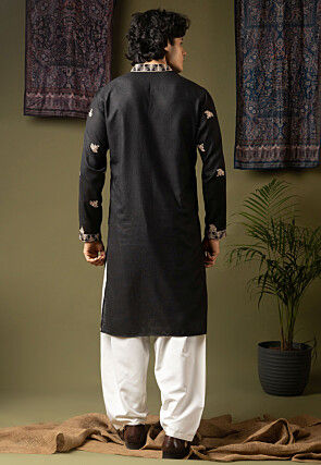 Embroidered Linen Silk Kurta Set in Black