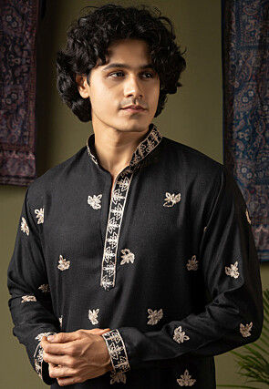 Embroidered Linen Silk Kurta Set in Black