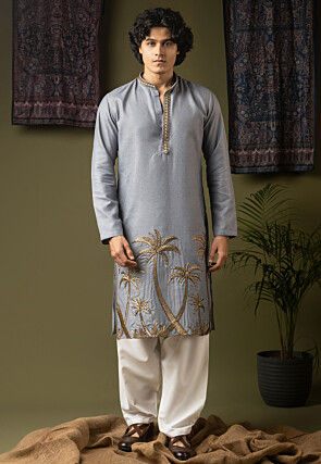 Embroidered Linen Silk Kurta Set in Grey