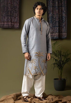 Embroidered Linen Silk Kurta Set in Grey