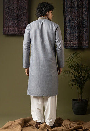 Embroidered Linen Silk Kurta Set in Grey