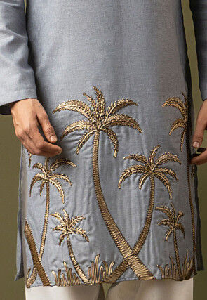 Embroidered Linen Silk Kurta Set in Grey