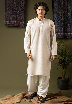 Embroidered Linen Silk Kurta Set in Off White