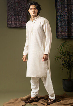Embroidered Linen Silk Kurta Set in Off White