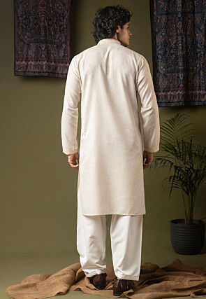 Embroidered Linen Silk Kurta Set in Off White