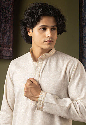 Embroidered Linen Silk Kurta Set in Off White