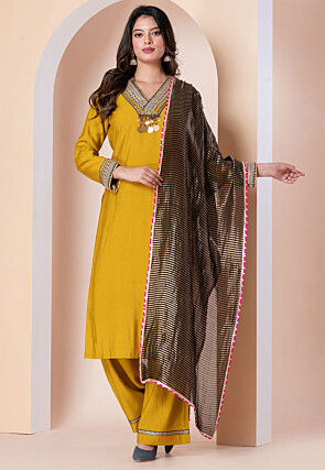 Embroidered Linen Silk Pakistani Suit in Yellow