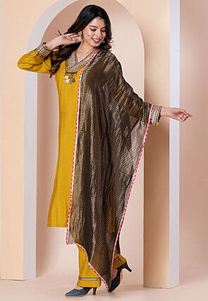 Embroidered Linen Silk Pakistani Suit in Yellow