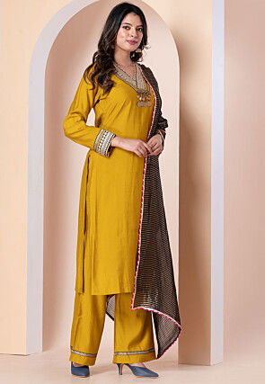 Embroidered Linen Silk Pakistani Suit in Yellow