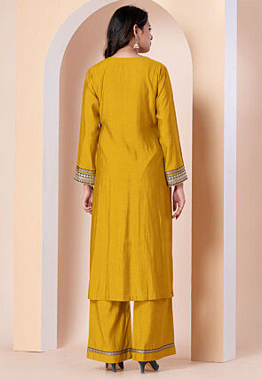 Embroidered Linen Silk Pakistani Suit in Yellow