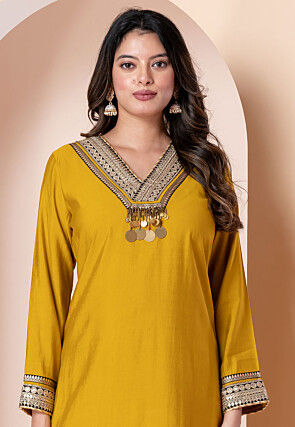 Embroidered Linen Silk Pakistani Suit in Yellow