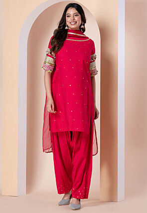 Embroidered Linen Silk Punjabi Suit in Fuchsia