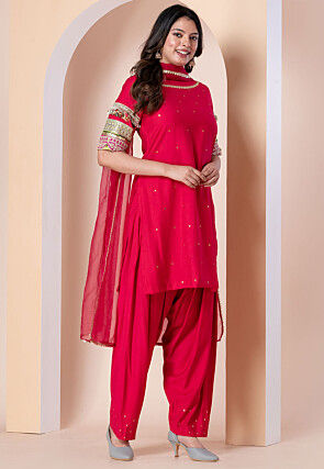 Embroidered Linen Silk Punjabi Suit in Fuchsia