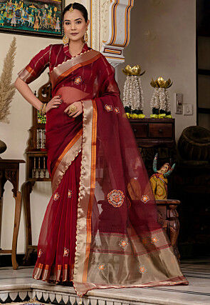 Embroidered Linen Silk Saree in Maroon
