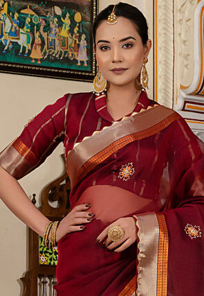 Embroidered Linen Silk Saree in Maroon