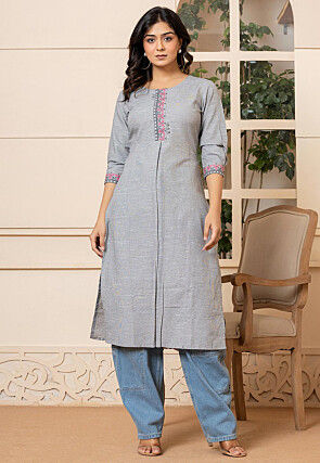 Embroidered Linen Straight Kurta in Grey