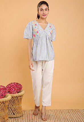 Embroidered Linen Top and Bottom Set in Bluish Grey and White
