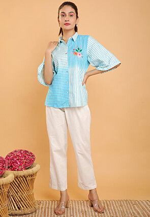 Embroidered Linen Top and Bottom Set in Light Blue and White