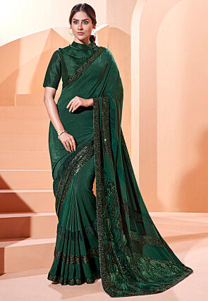 Embroidered Lycra (Elastane) Saree in Dark Green