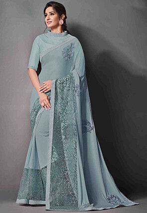Embroidered Lycra ( Elastane ) Saree in Dusty Blue