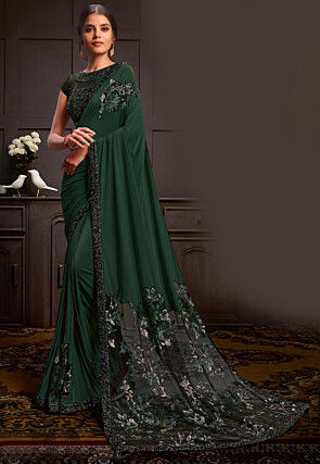 Embroidered Lycra (Elastane) Saree in Green