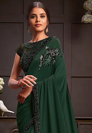 Embroidered Lycra (Elastane) Saree in Green