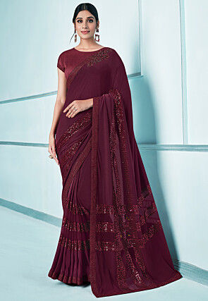 Embroidered Lycra (Elastane) Saree in Maroon