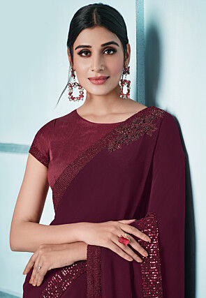 Embroidered Lycra (Elastane) Saree in Maroon