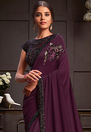 Embroidered Lycra (Elastane) Saree in Wine