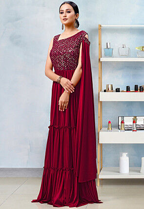 Embroidered Lycra (Elastane) Tiered Gown in Maroon