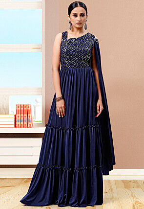 Embroidered Lycra (Elastane) Tiered Gown in Navy Blue