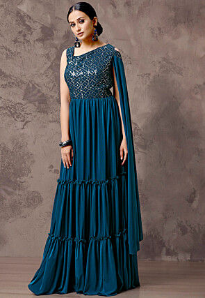 Embroidered Lycra (Elastane) Tiered Gown in Teal Blue