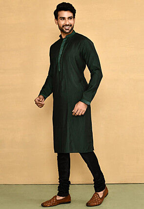 Embroidered Lycra Kurta in Dark Green