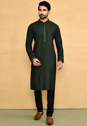 Embroidered Lycra Kurta Set in Dark Green