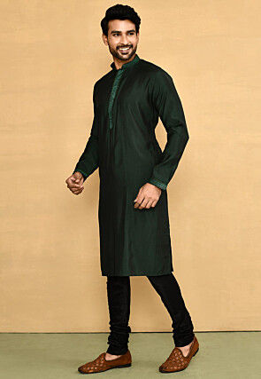 Embroidered Lycra Kurta Set in Dark Green
