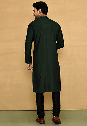 Embroidered Lycra Kurta Set in Dark Green